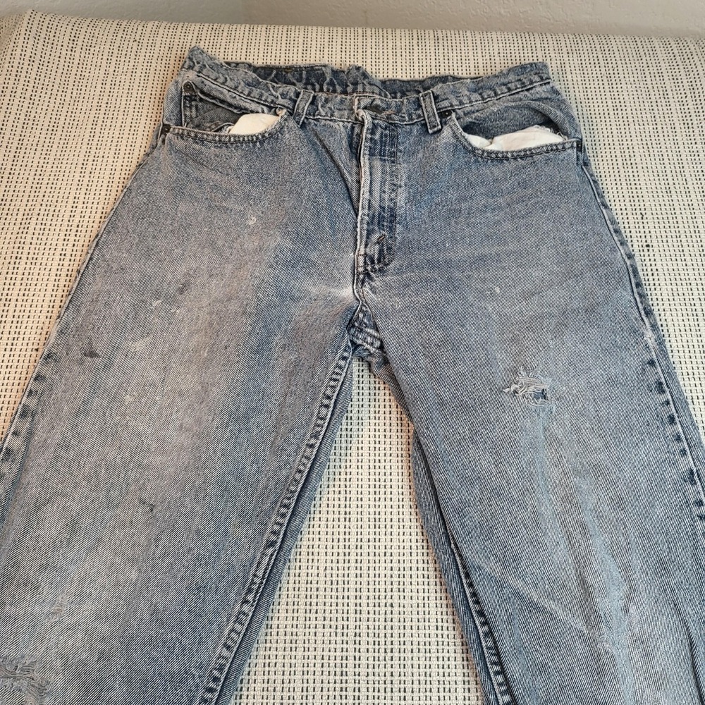 Vintage Levis Jeans Mens 33x34 Blue Stone Wash Distressed Straight USA 80s Denim
